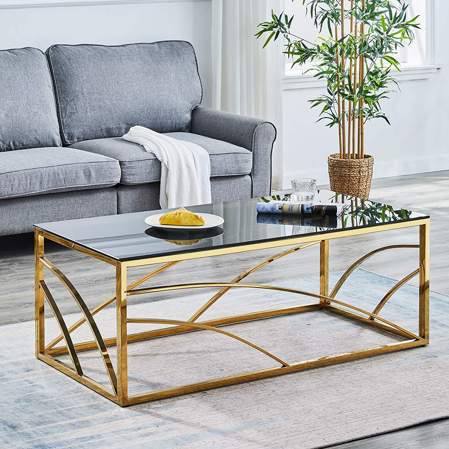 Marlies Stainless Steel Glass Coffee Table Everly Quinn Table Base Color Gold Table Top Color Black